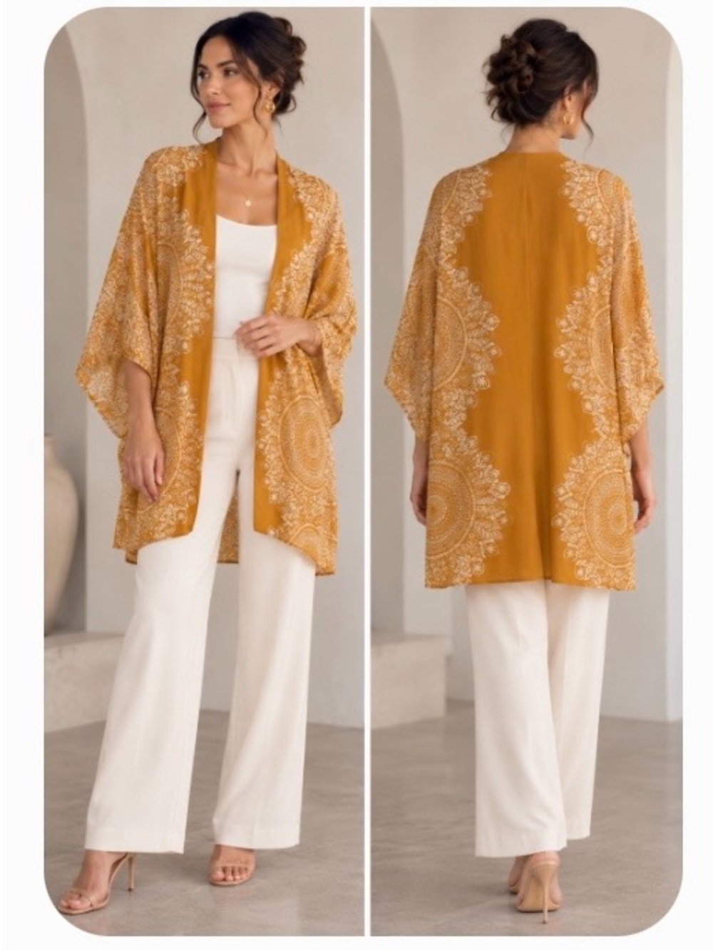 Mustard Yellow Printed Kimono Cardigan